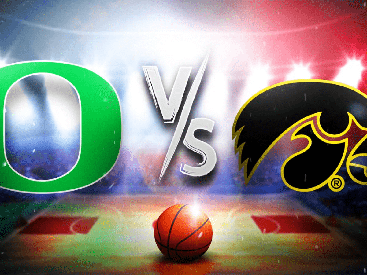oregon ducks logo on the left and iowa hawkeyes on the right