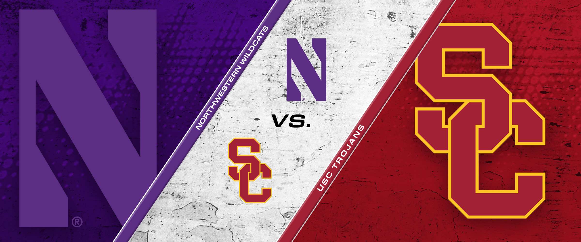 northwestern wildcats logo on the left and usc trojans logo on the right